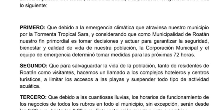 ALCALDIA DE ROATAN EMITE MEDIDAS TRAS PASO DE ´´SARA´´