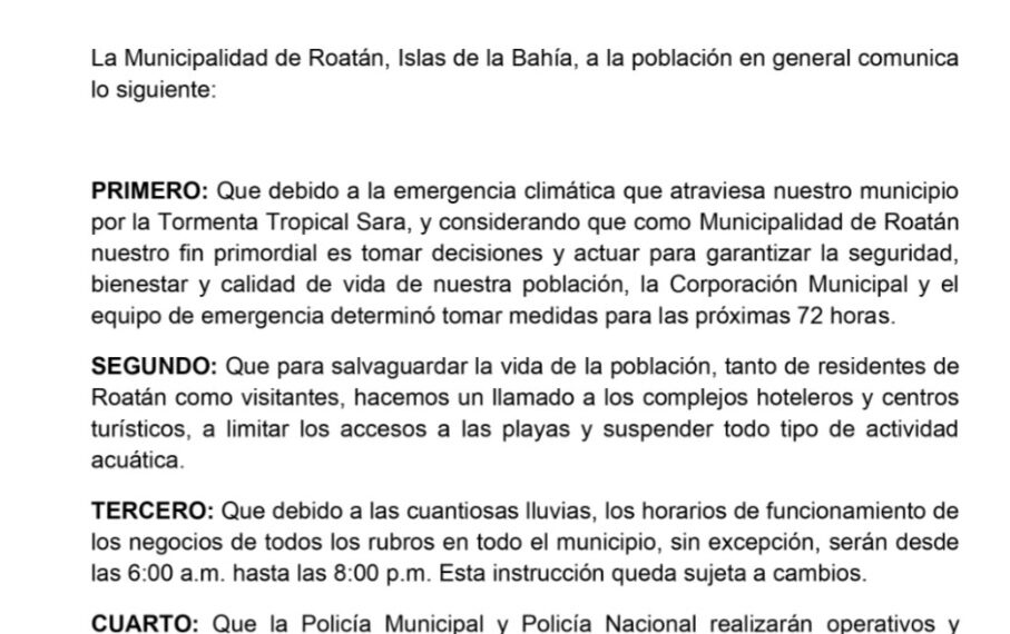 ALCALDIA DE ROATAN EMITE MEDIDAS TRAS PASO DE ´´SARA´´