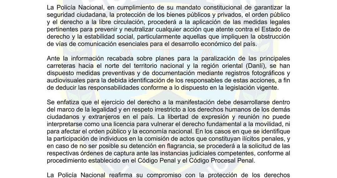 Policía Nacional usará registros audiovisuales para identificar y sancionar a responsables de protestas que bloqueen carreteras.