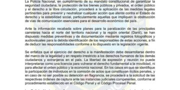Policía Nacional usará registros audiovisuales para identificar y sancionar a responsables de protestas que bloqueen carreteras.