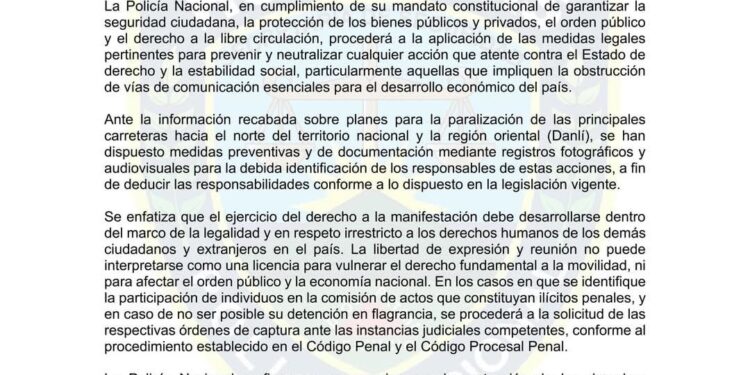 Policía Nacional usará registros audiovisuales para identificar y sancionar a responsables de protestas que bloqueen carreteras.